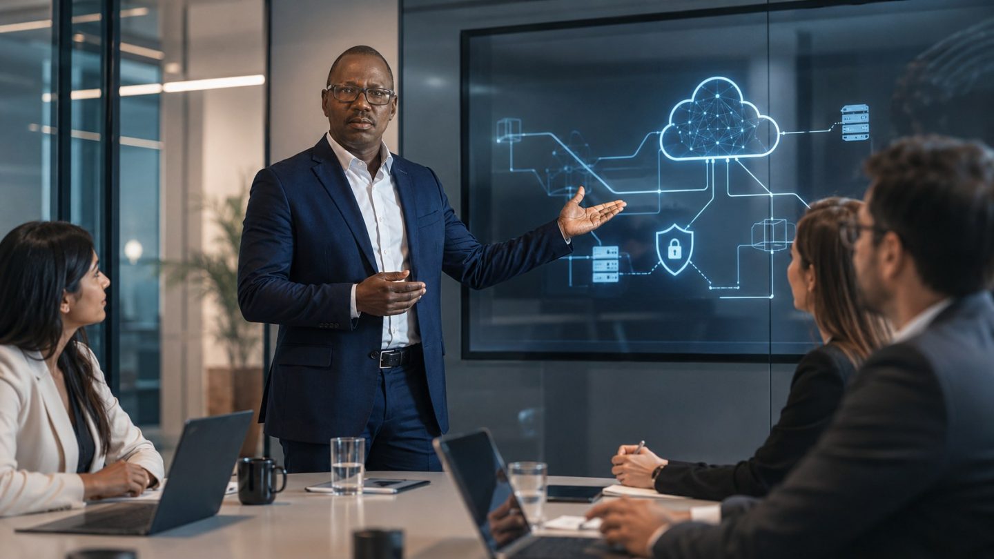 Cloudpilar consultant presenting a cloud architecture diagram to clients in a meeting room